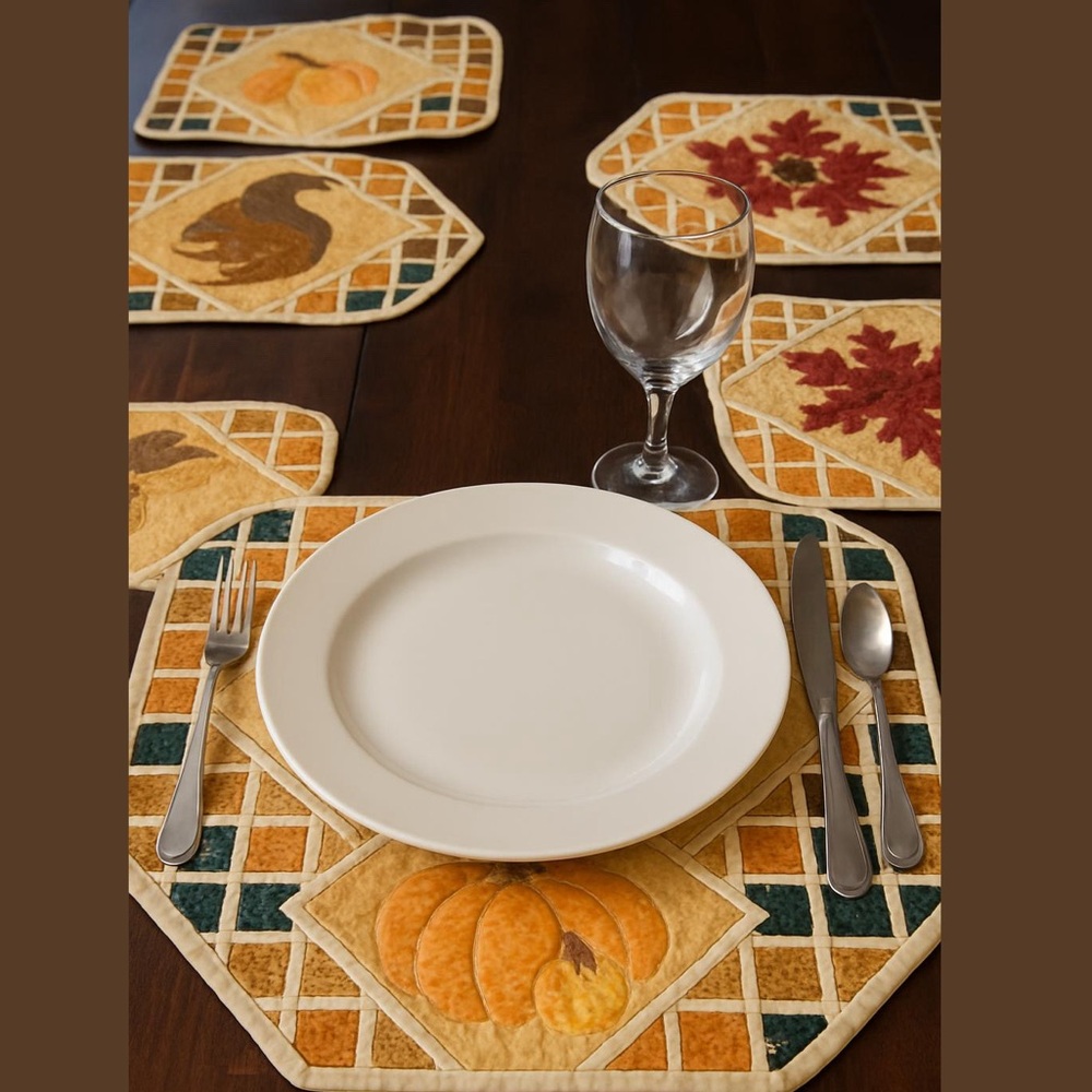 Vintage quilted placemats set of 5 • fall • pumpkins • thanksgiving • grandma